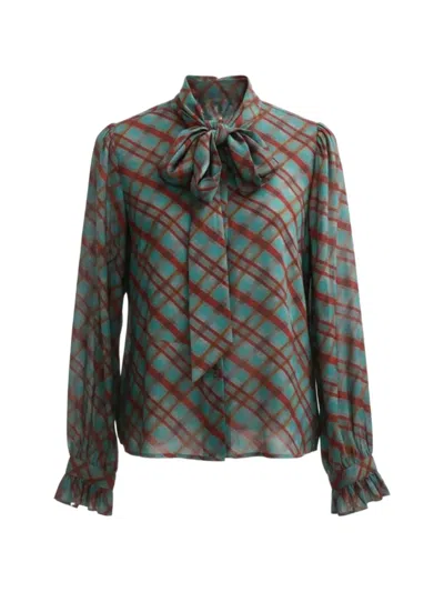 Pre-owned Saint Laurent 1980s Check Lavalliere Blouse In Green