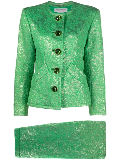 Pre-owned Saint Laurent 1980s Collarless Jacquard Skirt Suit In Green