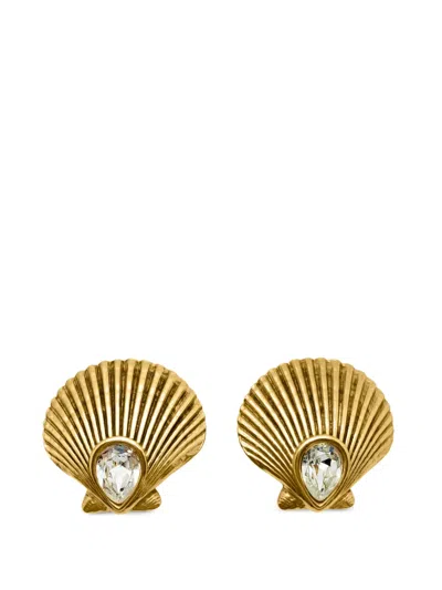 Pre-owned Saint Laurent 1980s Crystal Shell Earrings In Gold
