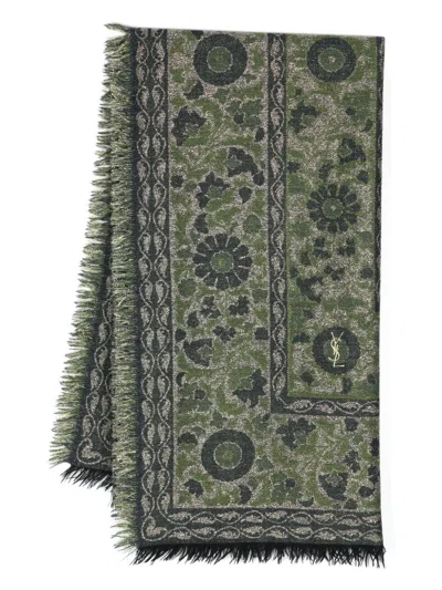 Pre-owned Saint Laurent 1980s Floral-jacquard Scarf In 绿色