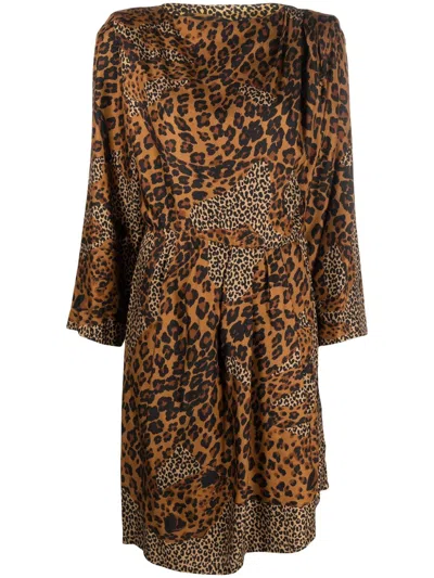 Pre-owned Saint Laurent 1980s Leopard Print Silk Dress In Brown