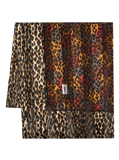 Pre-owned Saint Laurent 1980s Leopard Print Silk Scarf In Black