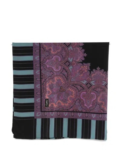 Pre-owned Saint Laurent 1980s Paisley-print Striped Scarf In Black