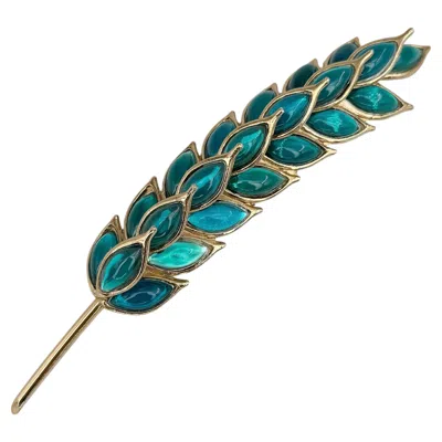 Pre-owned Saint Laurent 1980s Vintage Yves  Ysl Gold Tone Bluish Green Wheat Pin Brooch