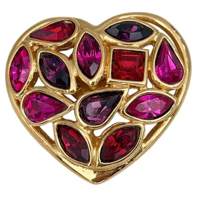 Pre-owned Saint Laurent 1980s Vintage Yves  Ysl Gold Tone Red Pink Crystal Heart Pin Brooch