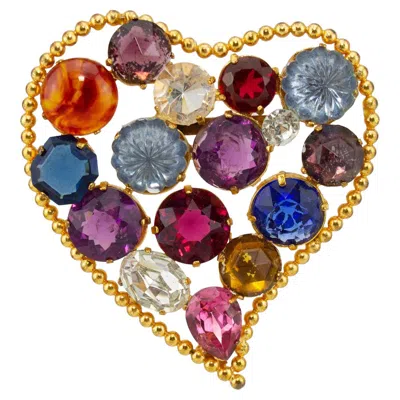 Pre-owned Saint Laurent 1980s Yves  Gilt Metal & Faceted Glass Heart Shaped Brooch In Multi