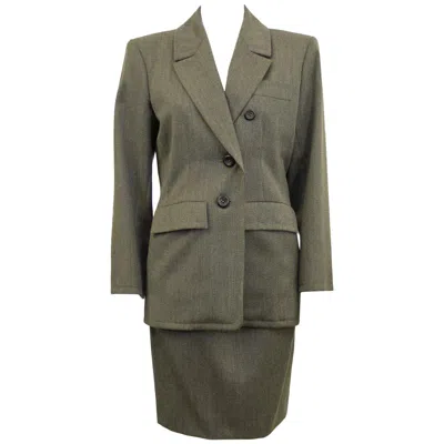 Pre-owned Saint Laurent 1980s Yves  Khaki Wool Skirt Suit In Gray