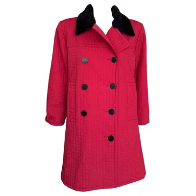 Pre-owned Saint Laurent 1980s Yves  Red Quilted Coat With Fur Collar, Size L/xl