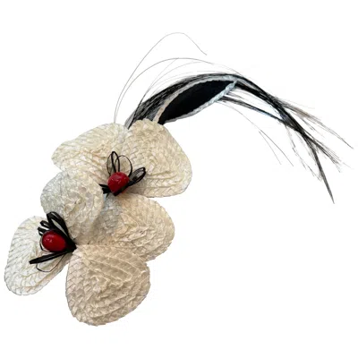 Pre-owned Saint Laurent 1980s Yves  White Rafia Orchid Corsage Brooch W Feather Spray