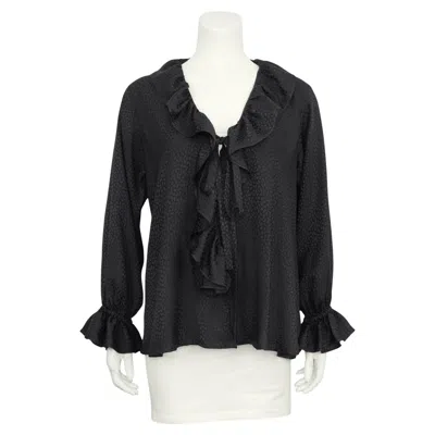 Pre-owned Saint Laurent 1980s Yves /ysl Black Silk Jacquard Ruffle Blouse