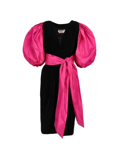 Pre-owned Saint Laurent 1984-1985 Rive Gauche Puff-sleeve Midi Dress In Black