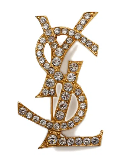 Pre-owned Saint Laurent 1990-2000s Logo Rhinestone Brooch In Gold
