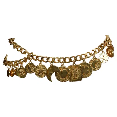 Pre-owned Saint Laurent 1990's Yves  Gilt Coin Charm Belt Or Necklace In Brown
