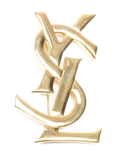 Pre-owned Saint Laurent 1990s Logo Brooch In Gold