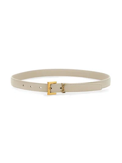 Saint Laurent 2 Cm Calfskin Leather Belt With Cassandre Thin Profile In Neutral