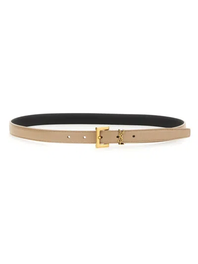 Saint Laurent 2 Cm Cassandre Sottile Leather Belt In Beige