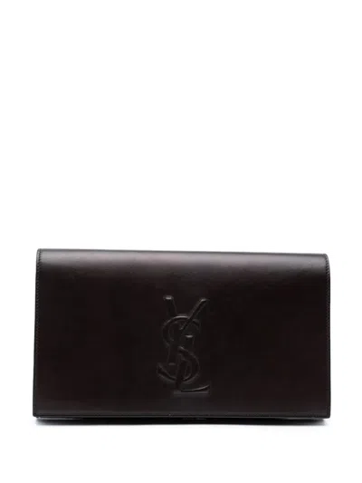 Pre-owned Saint Laurent 2000-2012 Large Calfskin Monogram Belle De Jour Clutch Bag In Brown