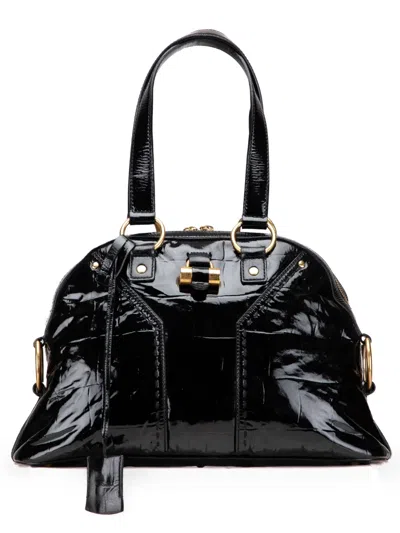 Pre-owned Saint Laurent 2000-2012 Small Embossed Patent Muse Shoulder Bag In Black