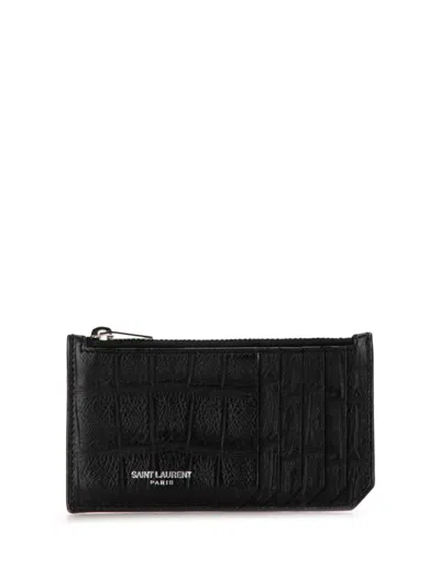 Pre-owned Saint Laurent 2000-2023 Embossed Leather Case Coin Pouch In Black