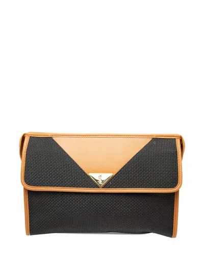 Pre-owned Saint Laurent 2000-2010 Leather Trimmed Coated Canvas Clutch Bag In Black