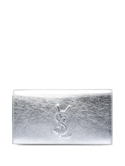 Pre-owned Saint Laurent 2000-2012 Large Textured Metallic Calfskin Monogram Belle De Jour Clutch Bag In Silver