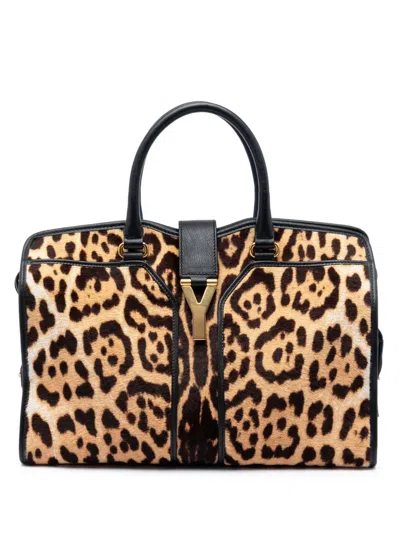 Pre-owned Saint Laurent 2000-2012 Medium Pony Hair Leopard Print And Calfskin Cabas Chyc Satchel In Black