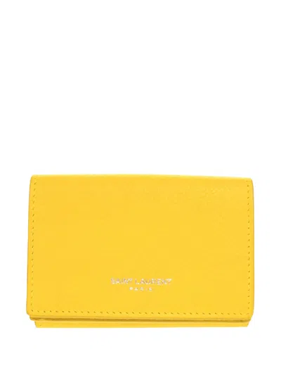 Pre-owned Saint Laurent 2000-2026 Grained Leather Trifold Wallet Small Wallets In Yellow