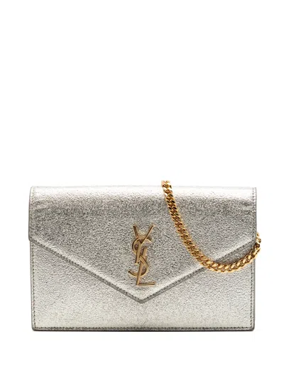 Pre-owned Saint Laurent 2000-2026 Metallic Textured Calfskin Envelope Wallet On Chain Crossbody Bag In Silver