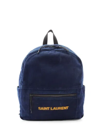 Pre-owned Saint Laurent 2000s Corduroy Logo-embroidered Backpack In Blue