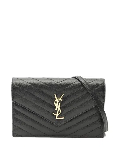 Pre-owned Saint Laurent 2000s Monogram Envelope Chain Wallet In Black