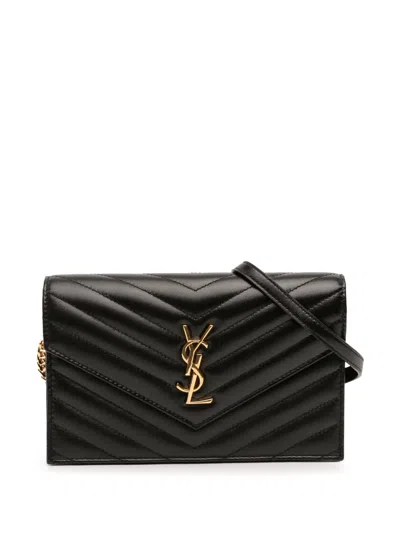 Pre-owned Saint Laurent 2004 Chevron Leather Cassandre Envelope Chain Wallet Crossbody Bag In Black