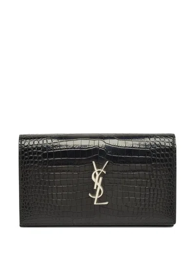 Pre-owned Saint Laurent 2008 Kate Crocodile-embossed Leather Clutch Bag In Black