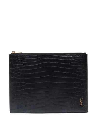Pre-owned Saint Laurent 2010-2020s Embossed Leather Clutch Bag In Black