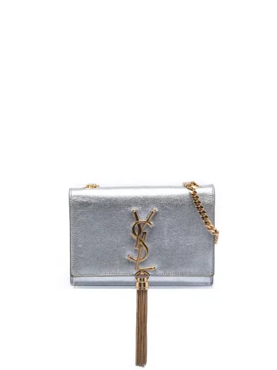 Pre-owned Saint Laurent 2010-2026 Small Metallic Calfskin Monogram Kate Tassel Crossbody Bag In Silver