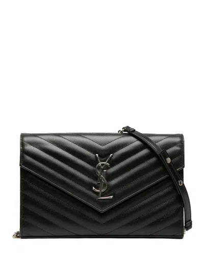Pre-owned Saint Laurent 2010-2026 Grain De Poudre Matelasse Chevron Classic Cassandre Chain Wallet Crossbody Bag In Black
