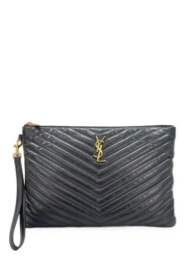 Pre-owned Saint Laurent 2010s Cassandre V-stitch Clutch Bag In Black
