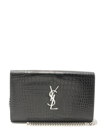 Pre-owned Saint Laurent 2010s Crocodile-effect Wallet-on-chain In Black