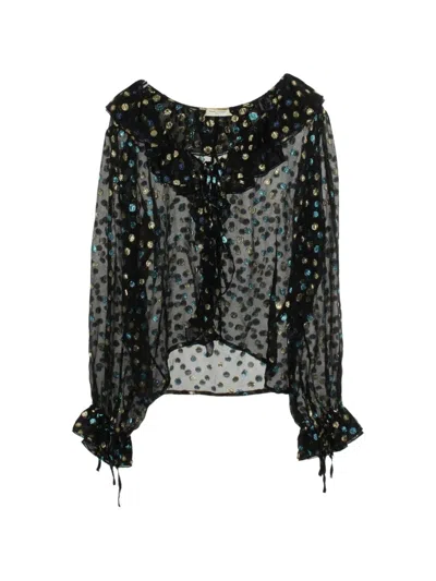 Pre-owned Saint Laurent 2010s Polka-dot Frill-trim Blouse In Black