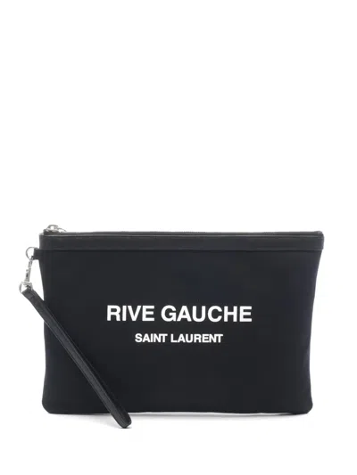 Pre-owned Saint Laurent 2010s Rive Gauche Leather Canvas Clutch Bag In Black