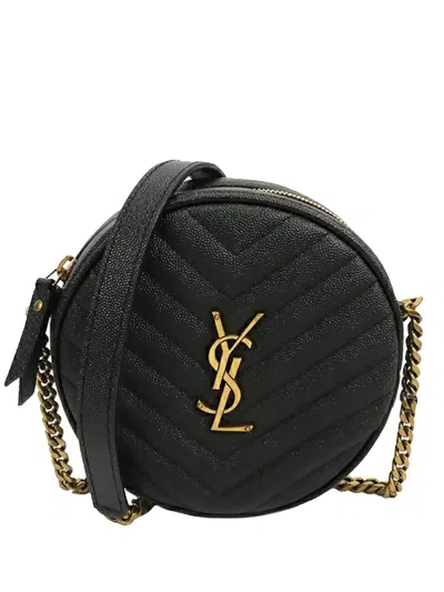 Pre-owned Saint Laurent 2013-2025 Grain De Poudre Chevron Round Vinyle Camera Bag Crossbody Bag In Black