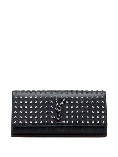 Pre-owned Saint Laurent 2013-2025 Grain De Poudre Classic Monogram Studded Clutch Bag In Black