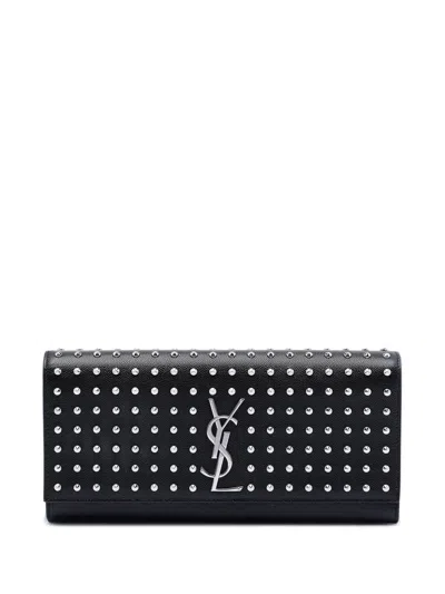 Pre-owned Saint Laurent 2013-2025 Grain De Poudre Classic Monogram Studded Clutch Bag In Black