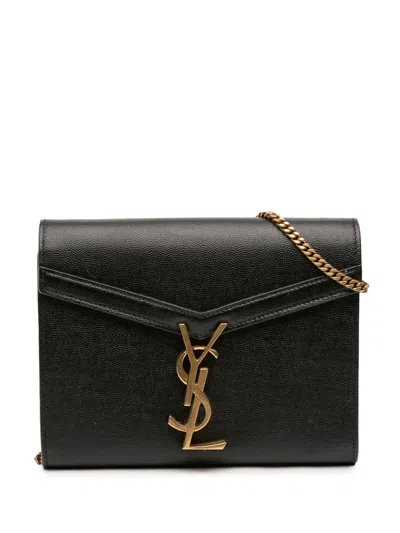 Pre-owned Saint Laurent 2013-2025 Grain De Poudre Monogram Cassandra Chain Wallet Crossbody Bag In Black