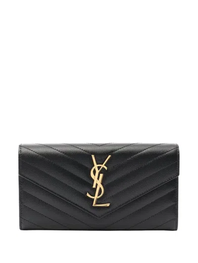 Pre-owned Saint Laurent 2013-2025 Large Grain De Poudre Matelasse Cassandre Wallet Long Wallets In Black