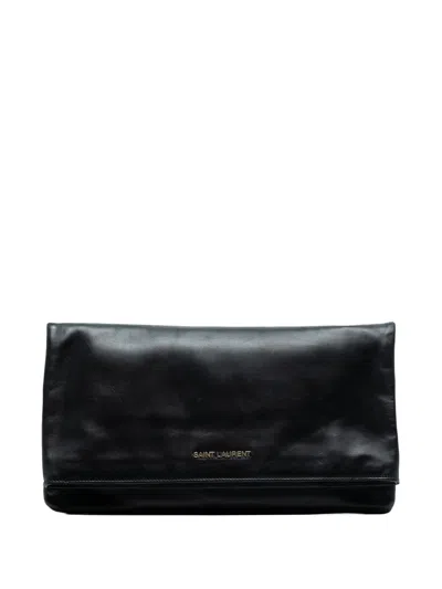 Pre-owned Saint Laurent 2013-2025 Leather Letters Fold Over Clutch Bag In Black