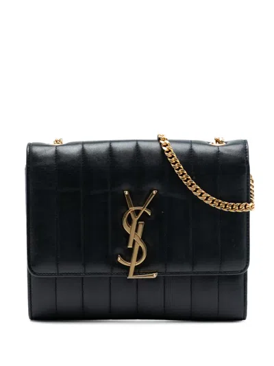 Pre-owned Saint Laurent 2013-2025 Matelasse Lambskin Monogram Vicky Chain Wallet Crossbody Bag In Black