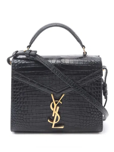 Pre-owned Saint Laurent 2013-2025 Mini Croc Embossed Calfskin Monogram Cassandra Top Handle Bag Satchel In Black