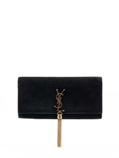 Pre-owned Saint Laurent 2013-2025 Suede Monogram Kate Tassel Clutch Bag In Black