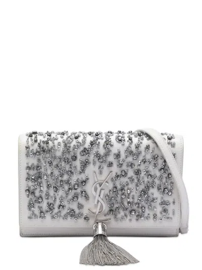 Pre-owned Saint Laurent 2013 Beaded Calfskin Monogram Kate Tassel Wallet On Chain Crossbody Bag In White