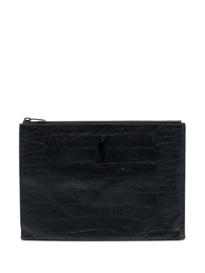 Pre-owned Saint Laurent 2013 Croc Embossed Leather Monogram Document Holder Clutch Bag In Black